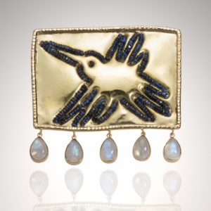18KY Nazca Bird Pin with Sapphires & Moonstones